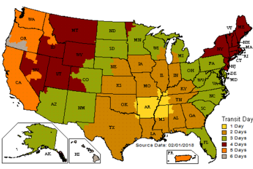 Estimated ground shipping transit-time map from Little Rock, Arkansas