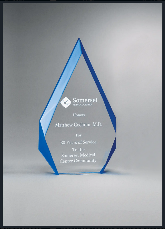 Diamond clear acrylic award with blue accented bevels