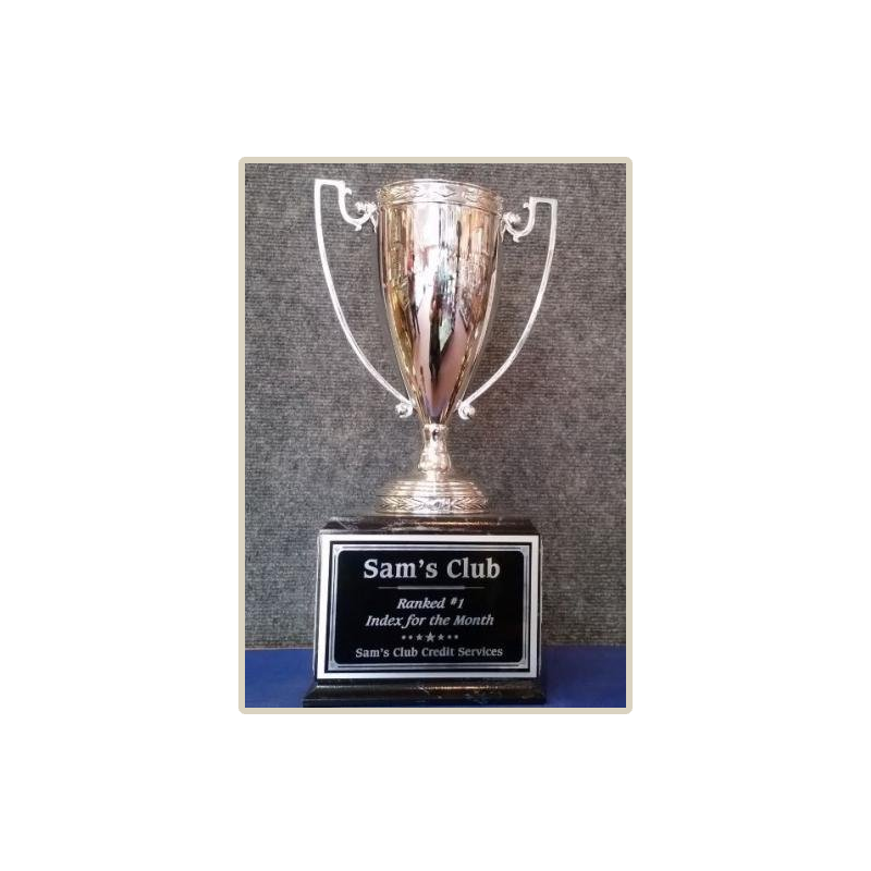 Silver Metal Cup Trophies on Black Marble Wood Base