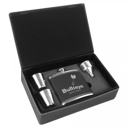 Leatherette Flask Set -Black/Silver